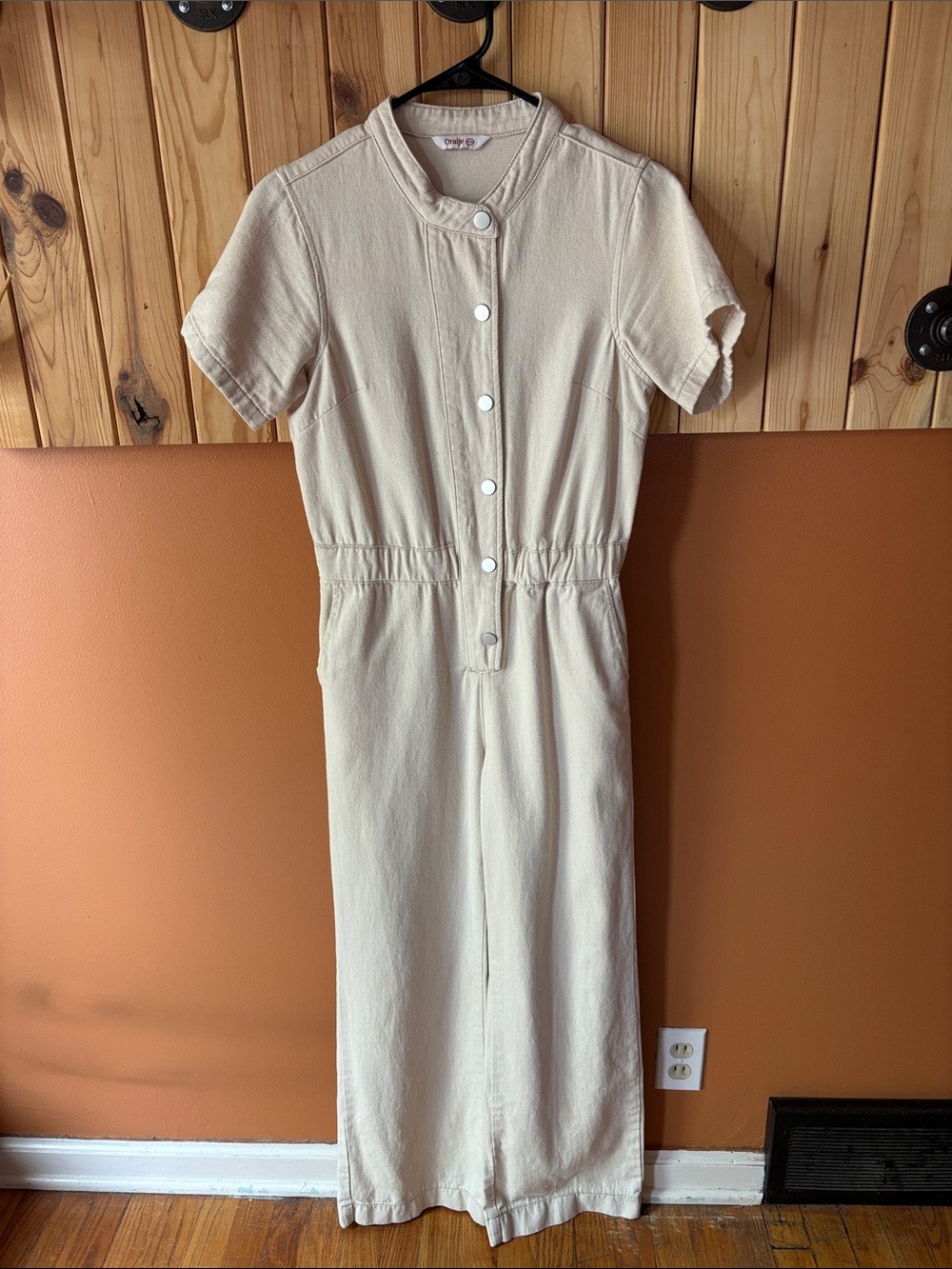 Cream Short-Sleeve Painters Jumpsuit